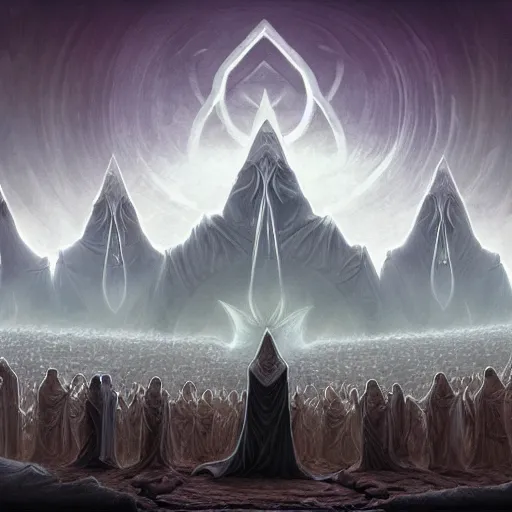 Image similar to a dark cabal of multiple hooded elven mystics in long dark robes gathered in a circular formation around a quantum computer, dan seagrave art, michael whelan, artstation, cgsociety