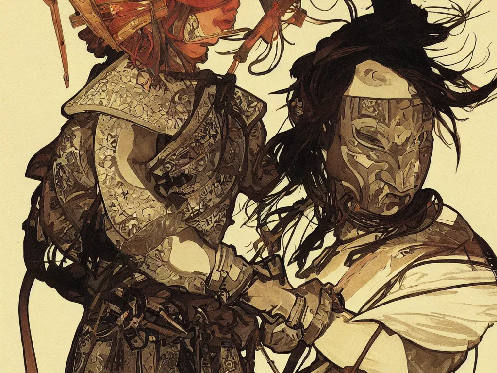 Image similar to close up of a samurai in full armor, by fiona staples, alphonse mucha, sachin teng