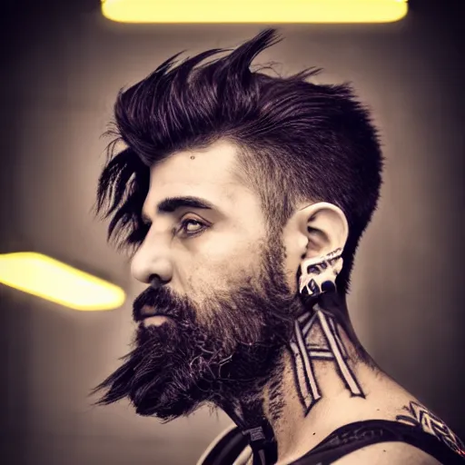 Image similar to bust portrait of handsome proud man with short black hair with grey hair, very short full beard warrior, cyberpunk, fashion editorial photography, neon color scheme, waist up, low angle