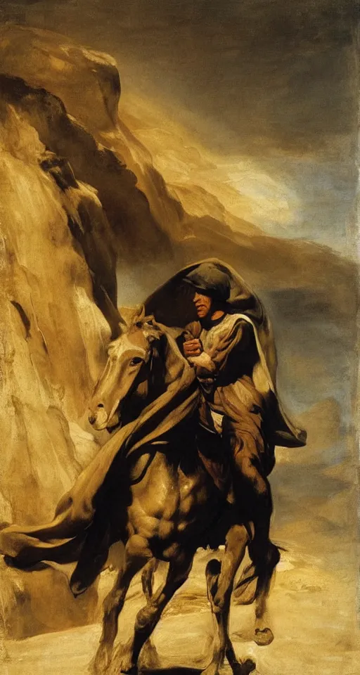 Prompt: a film still of lawrence of arabia by william turner, by theodore gericault, by caspar david friedrich, by frank frazetta oil painting, romantism, realism, limited palette