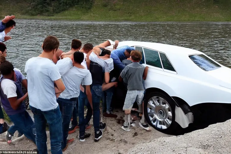 Image similar to Group of teenagers push Rolls-Royce into lake with their hands from a small slide wanting to drown him