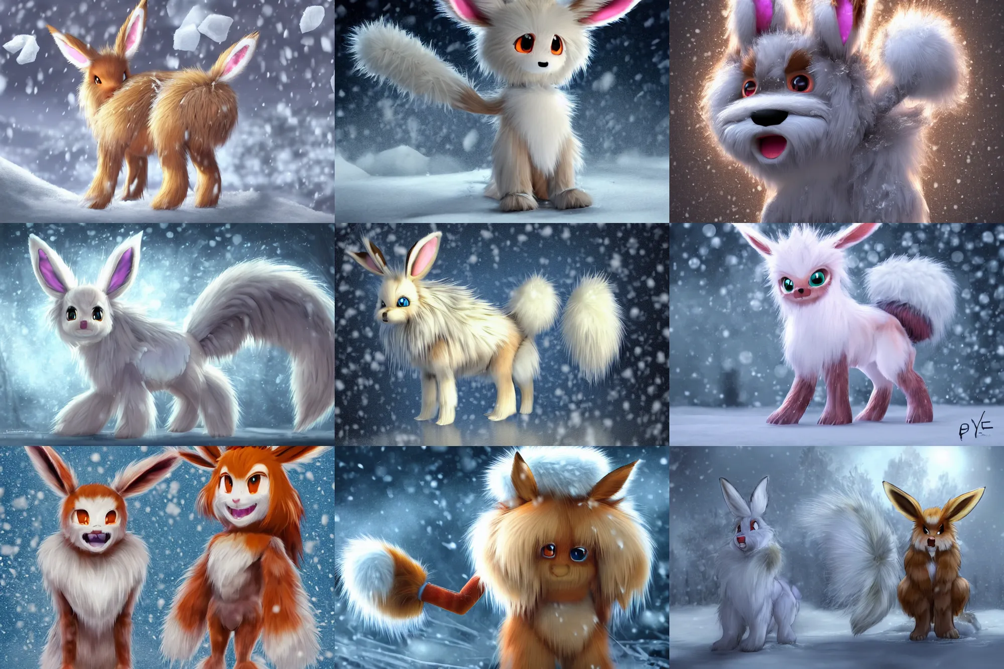 Prompt: fan art rendering of a bipedal frosty anthro fuzzy eevee evil comb sitting in snow eevee high resolution anthro eevee humanoid, CGsociety UHD 4K highly detailed, intricate heterochromatic sad, watery eyes with clawed finger in nose eevee anthro standing up two legs and two arms poofy synthetic fur tail bloody wet fur frilled bow braided tail looking down bleeding eevee anthro tongue sticking out wearing glasses smiling in winter facing the moon zions national frozen high resolution maid dress humanoid braided furry long tail wearing davey crockett hat holding a whip