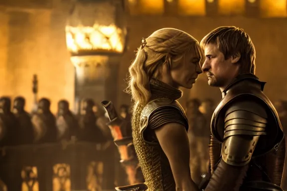 Image similar to very very intricate photorealistic photo of jaime lannister fighting cersei, photo is in focus with detailed atmospheric lighting, award - winning details