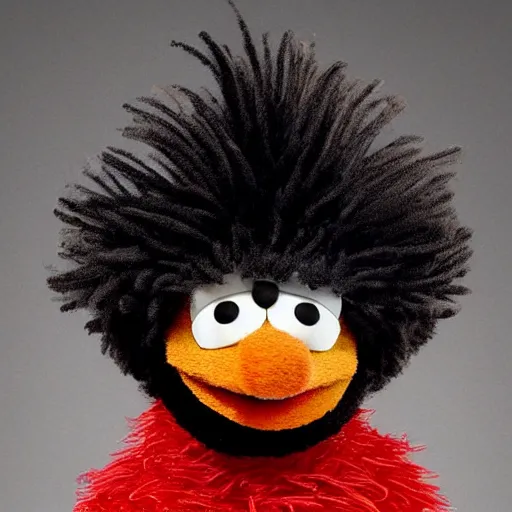 Image similar to a hyperrealistic portrait of the sesame street bert wearing a white lawyer's wig in a courtroom with a black unibrow and a black gawn, fuji film, intricate details. believable eyes. front on, symmetrical. head to shoulders shot.