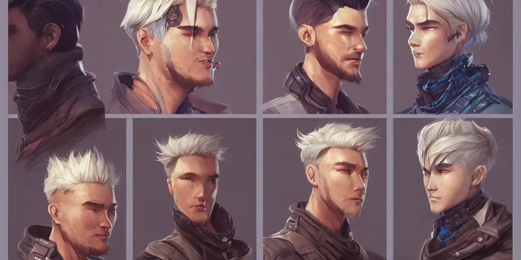 Prompt: concept art of rugged korean male netrunner d & d video game characters head designs, unique hair designs, by marc brunet and artgerm