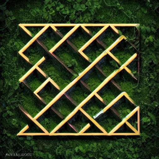 Prompt: Penrose triangle made of vines, in the middle of a secret secluded garden grove, soft lighting, god rays, trending on artstation, photo, 8k