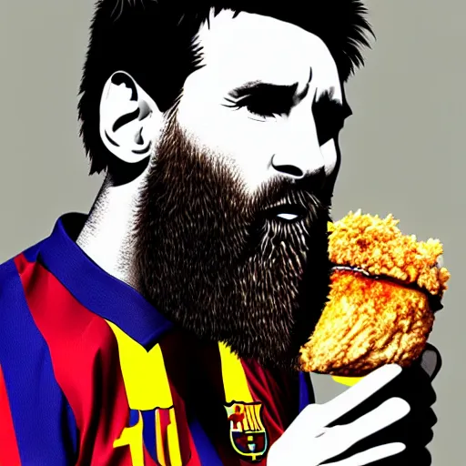 Image similar to lionel messi with a majestic beard eating a kfc zinger by affandi