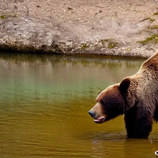 Image similar to a bear chugging a bear by a lake
