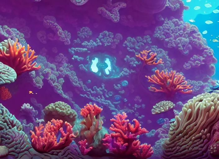 Prompt: a luminescent underwater reef with corals and aquatic life by paolo eleuteri serpieri and tomer hanuka and chesley bonestell and daniel merriam and tomokazu matsuyama, unreal engine, high resolution render, featured on artstation, octane, 8 k, highly intricate details, vivid colors, vector illustration