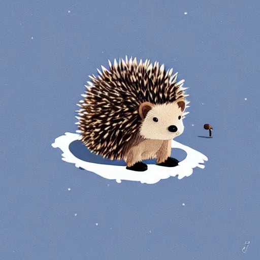 Prompt: A hedgehog on top of a mountain accompanied by a mini bear about to jump down the slope, from above you can see the entire forest full of trees and life, ilustration art by Goro Fujita