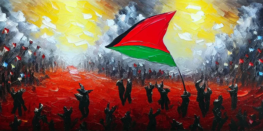 Image similar to dramatic oil painting of freedom for palestine, red green white black