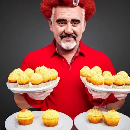 Prompt: Paul Hollywood dressed as Ronald McDonald, holding a plate of small cupcakes, sad expression, octane render, soft lighting, detailed, portrait, 4k resolution