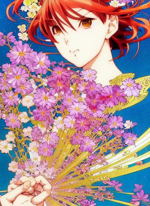 Prompt: exquisite imaginative manga poster art of genshin impact, flowers, pearlescent, shimmering, reflective, rim light, detailed background, by kojima ayami, shigenori soejima, minaba hideo, alphonse mucha, art nouveau, illustration, artstation, concept art, highly detailed, colorful, maximalist