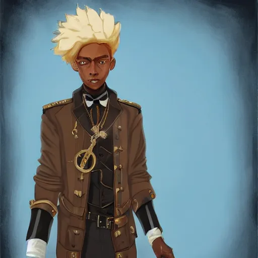 Image similar to african american man with blue eyes, blonde hair, wearing steampunk attire, highly detailed, digital painting, artstation, matte, by makoto shinkai, animation style