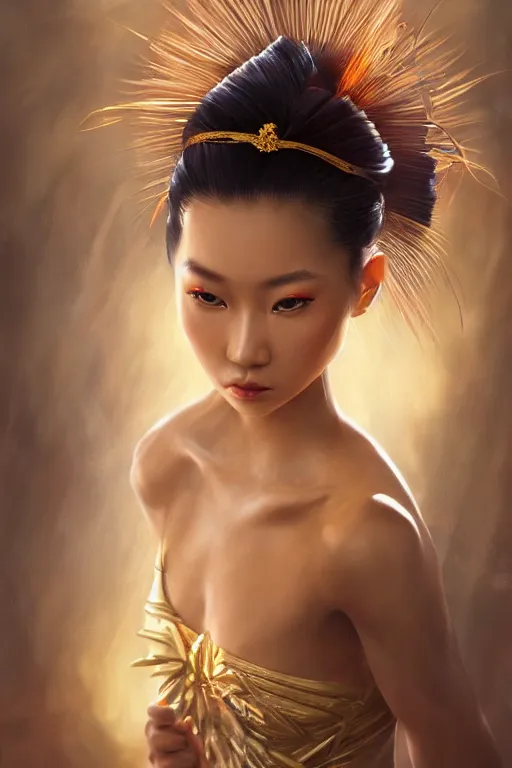 Image similar to stunningly beautiful, filipina geisha prima ballerina in jungle, symmetrical face, golden hour, smooth, focus, highly detailed, hyper realistic, dramatic lighting, elegant, intricate, concept art, art by wlop, mars ravelo, greg rutowski, artstation