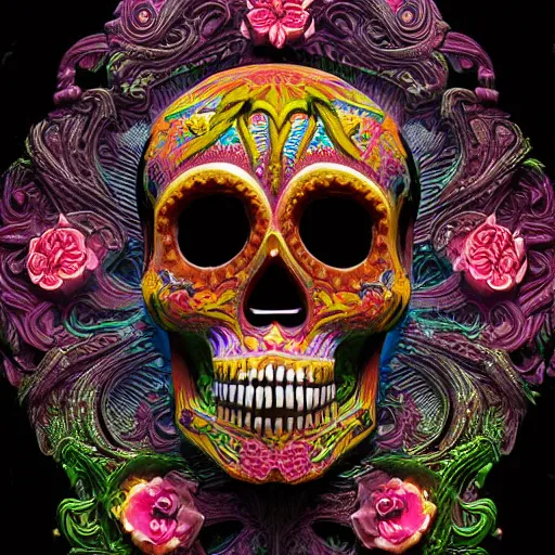 Image similar to a highly detailed photographic render of intricately carved sugar skull, psychedelic, black background, neon light, intricate ornament, gilding, horror, dark fantasy, beautifully lit, ray traced, octane 3D render in the style of Gerald Brom and James Gurney, sharp focus, HD, 8k
