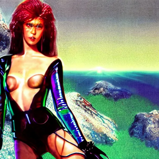 Image similar to high fantasy 1 9 8 0's wargame airbrushed artwork - inspired octane render, a model wearing an iridescent clear latex jacket and colorful iridescent glittery makeup posing in a volcanic black rock landscape