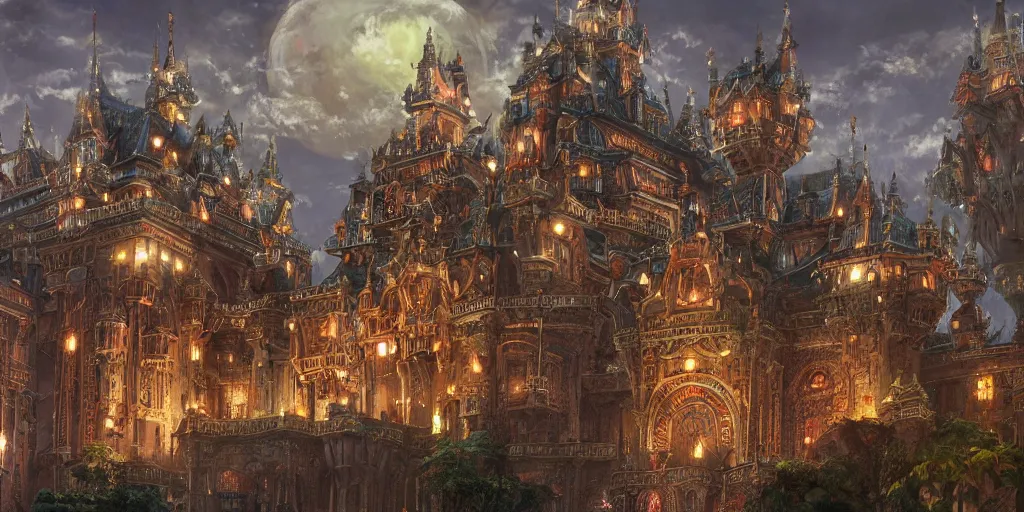 Image similar to imposing and highly ornamented fantasy castle, a lot of lights, multi layered huge architectures, no people, intricate, Anime Background, Miyazaki Hayao, Ghibli, editor’s pickup, trending on artstation, trending on deviantart, 4K