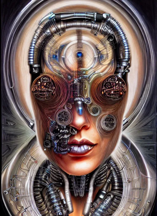 Image similar to biopunk cyborg portrait by julie bell, intricate biopunk patterns, vacuum tubes, detailed!, very sharp!!!