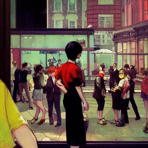 Prompt: a super colorful person standing between a lot of colorless people, vibrant, by akihiko yoshida and edward hopper