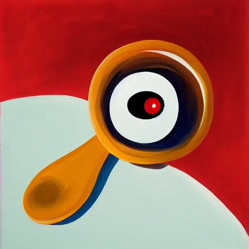 Image similar to surreal painting illustration of a humanized spoon with eyes and a smile