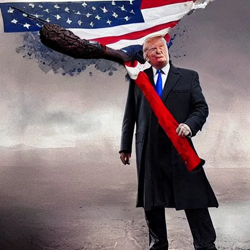 Prompt: Donald Trump as Rambo, holding the head of Biden in left hand and the American flag in right hand, post apocalyptic, wartorn, matte painting, masterpiece