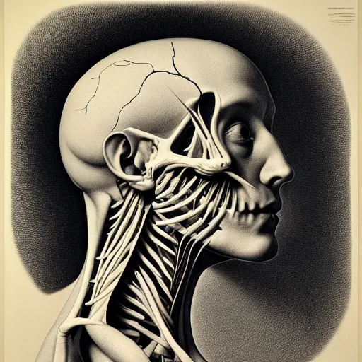 Image similar to head anatomical atlas dissection center cut, lithography on paper conceptual figurative ( post - morden ) monumental dynamic soft shadow portrait drawn by hogarth and escher, inspired by goya, illusion surreal art, highly conceptual figurative art, intricate detailed illustration, controversial poster art, polish poster art, geometrical drawings, no blur