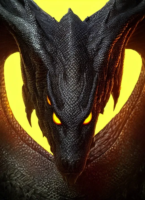 Image similar to closeup portrait of black dragon head with yellow eyes, ultra realistic, fantasy, magic, dnd,