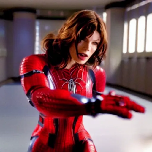 Image similar to Mila Jovovich as spiderwoman , film still, best scene,