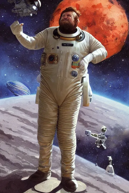 Image similar to portrait of willem defoe as a fat man wearing leather spacesuit, nebula space background and spaceship, illustration by normal rockwell, jacob collins, artstation character art, john berkey, greg rutkowski