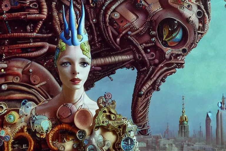 Image similar to extremely detailed movie shot closeup portrait of a beautiful alien girl wearing leather coat, saint petersburg city background by denis villenueve, yves tanguy, ernst haeckel, roger dean, amano, alphonse mucha, dynamic composition, rich moody colours