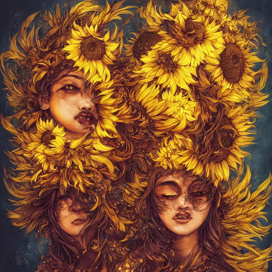 Image similar to The beautiful sunflower Chinese goddess-queen and her eyes burning with fire, she wears an helianthus crown and a black, brown and yellow dress, colourful artwork, indigo background, surreal, dramatic lighting, face, detailed, intricate, elegant, highly detailed, digital painting, artstation, concept art, smooth, sharp focus, illustration, art by Sam Spratt, Dan Mumford, Artem Demura and Alphonse Mucha