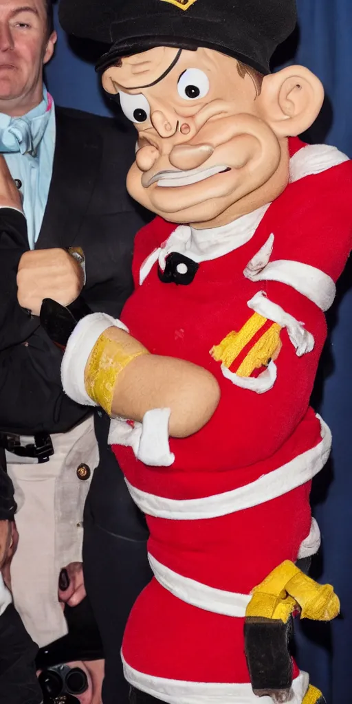 Prompt: popeye the sailor on the red carpet, oscar, photo, direct flash, celebrity, high detail,