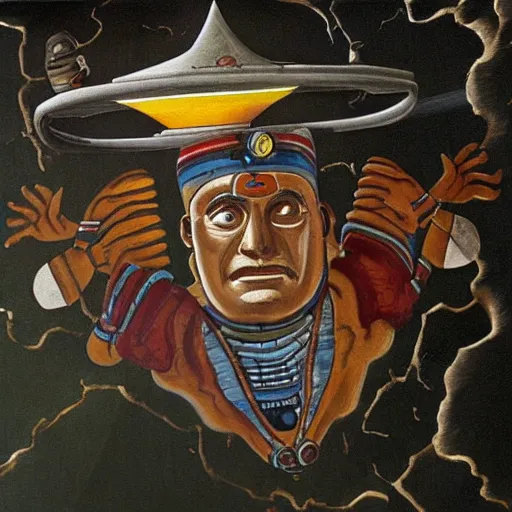 Image similar to mayan fresco of dan akroyd piloting a ufo, national geographic