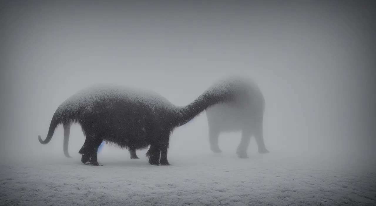 Image similar to “photo of one biomechanical mammoth in an arctic storm with fog and blizzard, the mammoth drags old gigantic coal wagons with snow, it's a sunset photo with cold tones, some people around ”