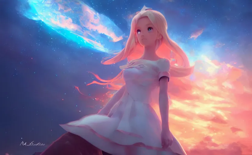 Image similar to Princess rosalina, anime painting, 3d render, hyper realistic, dramatic lighting, the sky is a nebula on fire, 8k hdr pixiv dslr photo by Makoto Shinkai ilya kuvshinov and Wojtek Fus, digital art, concept art,