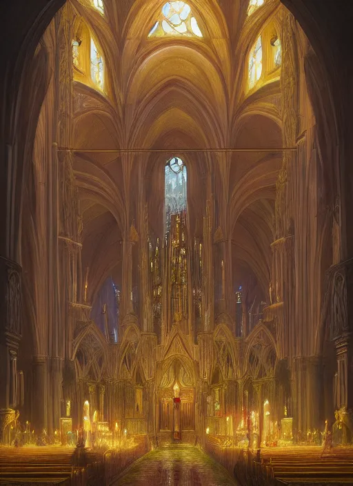 Prompt: Detailed Interior of a cathedral made of fruit and vegetables, light of god, light shafts, candles, stunning atmosphere, in Style of Peter Mohrbacher, cinematic lighting