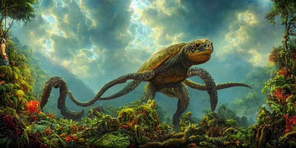 Image similar to fantasy oil painting, great leviathan, turtle cephalopod terrapin reptilian pachyderm amphibian hybrid, rainforest mountains, lush plants flowers, epic natural light, bright clouds, luminous sky, outer worlds, bright cinematic lighting, michael cheval, michael whelan, vray, 8 k hd