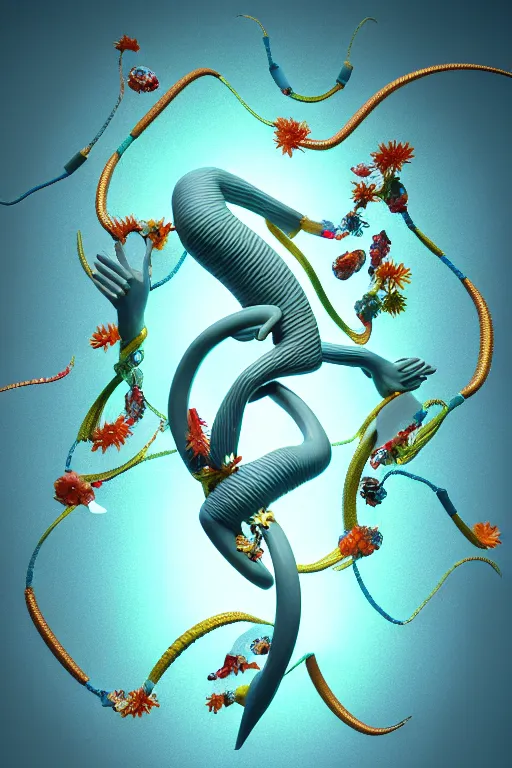 Image similar to a sculpture of fish ocean intertwined, diode lighting, a lovely cornucopia of flowers and human body parts, body parts, independent heart shaped, highly detailed, octane render, cinematic, shock, sharp focus, ball, an independent psycho, clean, studio lighting