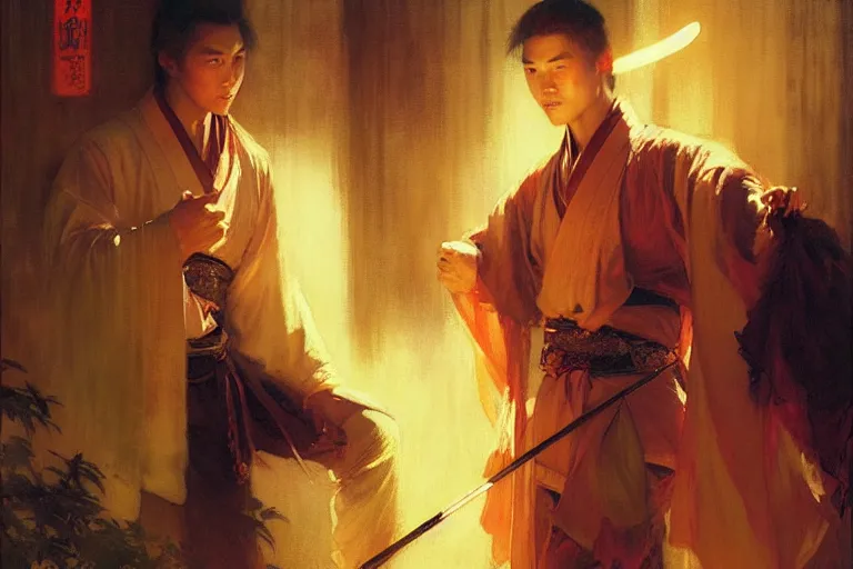 Image similar to wuxia, summer, attractive male, neon light, painting by gaston bussiere, craig mullins, j. c. leyendecker