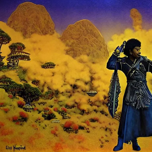 Prompt: jimi hendrix is a guard in skyrim protecting whiterun from a dragon by maxfield parrish by ed binkley