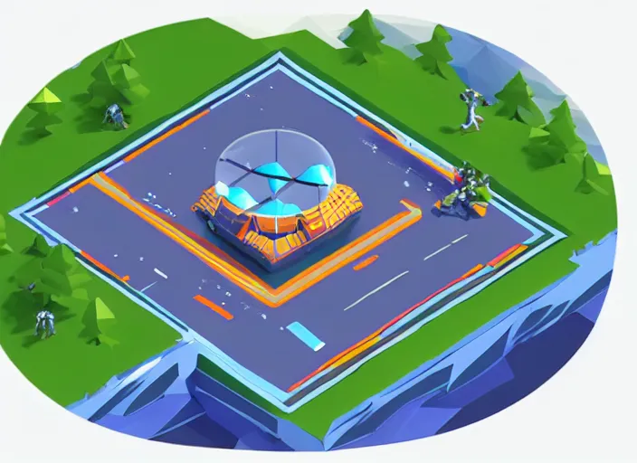 Image similar to aliens visiting kamchatka isometric aerial lowpoly