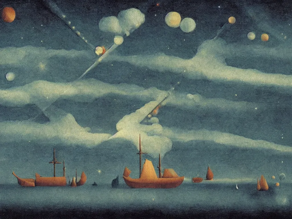 Image similar to wooden ship on the dark sea with meteor showers. painting by bosch, rene magritte