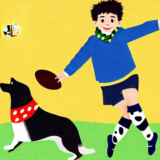 Image similar to illustration of french boy playing football with a corgi wearing a polka dot scarf in paris