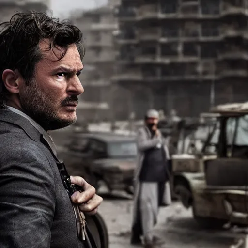 Image similar to Kurdish detective in a movie directed by Christopher Nolan, movie still frame, promotional image, imax 70 mm footage
