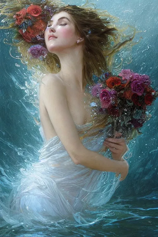 Prompt: portrait of a beautiful mysterious woman holding a bouquet of flowing flowers, drenched clothing, long hair flowing upwards touching the surface of the water, hands hidden under the bouquet, emerging from the water, fantasy, regal, intricate, by stanley artgerm lau, greg rutkowski, thomas kinkade, alphonse mucha, loish, norman rockwell