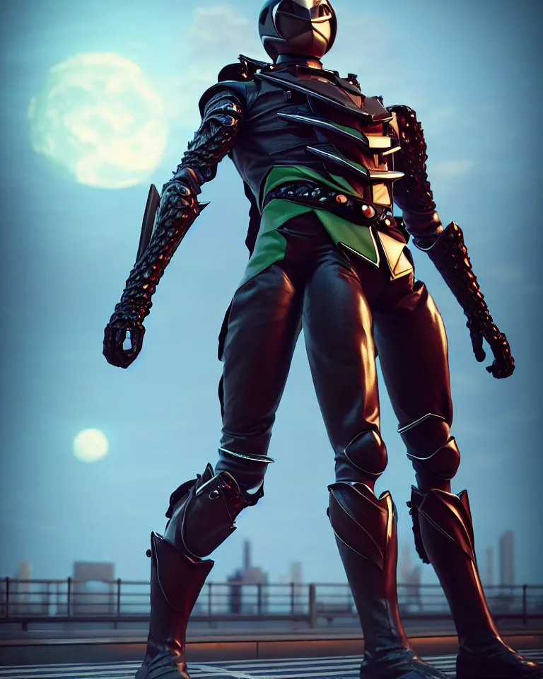 Image similar to kamen rider big belt hero sction pose, full body portrait, human structure bee concept art, human anatomy, intricate detail, hyperrealistic art and illustration by irakli nadar and alexandre ferra, blurry and sharp focus, on future tokyo night rooftop, unreal 5 engine highlly render, global illumination