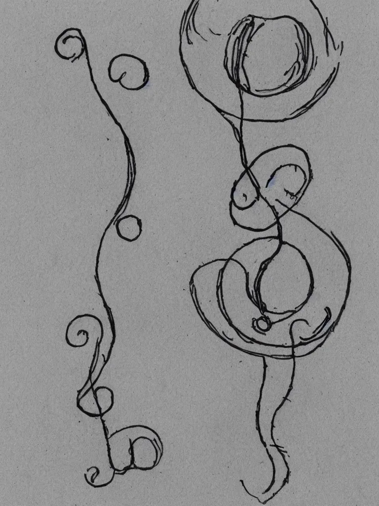 Prompt: a sketch of an acorn that turns into a tree in the shape of a treble clef with a perceptual edge in the middle, single line drawing
