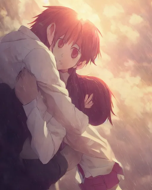 Prompt: a man hugging an anime bunny, medium shot, visible face, detailed face, perfectly shaded, atmospheric lighting, by makoto shinkai, stanley artgerm lau, wlop, rossdraws