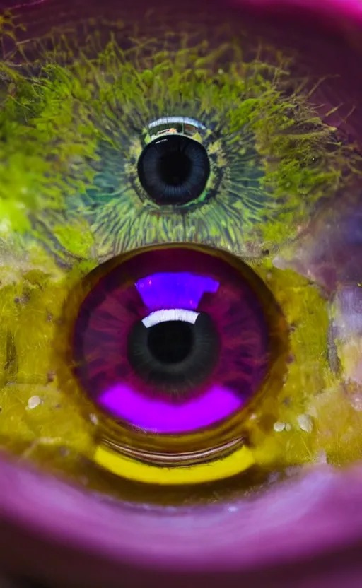 Image similar to macro shot, close-up of a purple squid eye, intricate iris, ultrarealistic, highly detailed